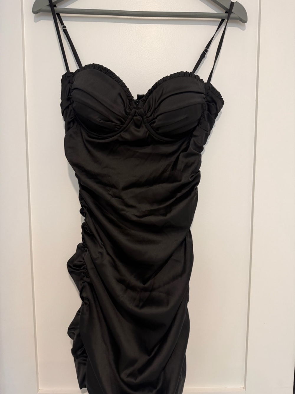 Fashion Nova Black Satin Ruched Slip Dress with Bustier Detail